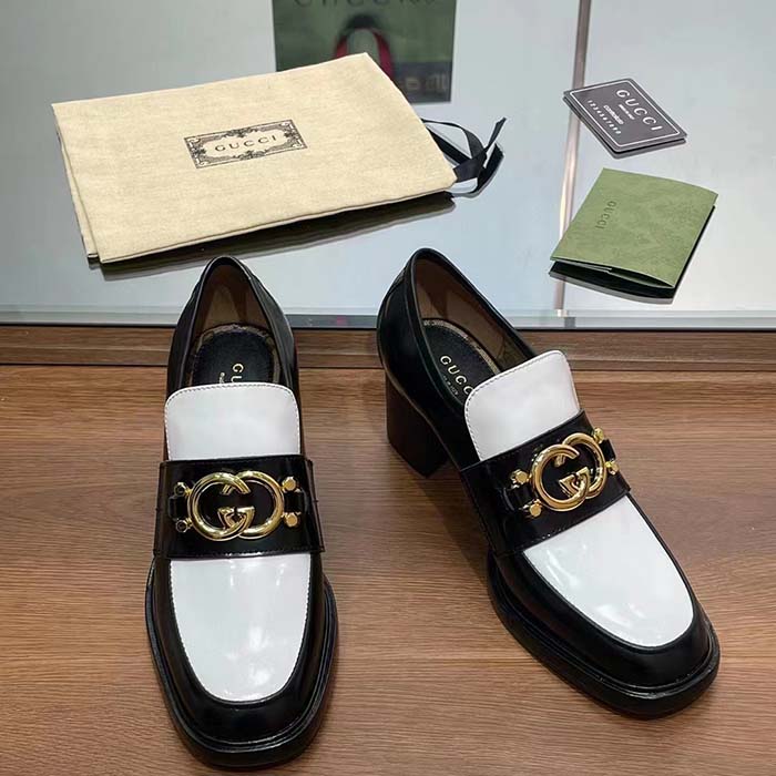 Gucci Women GG Loafer Interlocking G Black White Leather Mid 6 Cm Heel