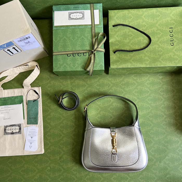 Gucci Women GG Jackie 1961 Small Lamé Shoulder Bag Silver Lamé Leather