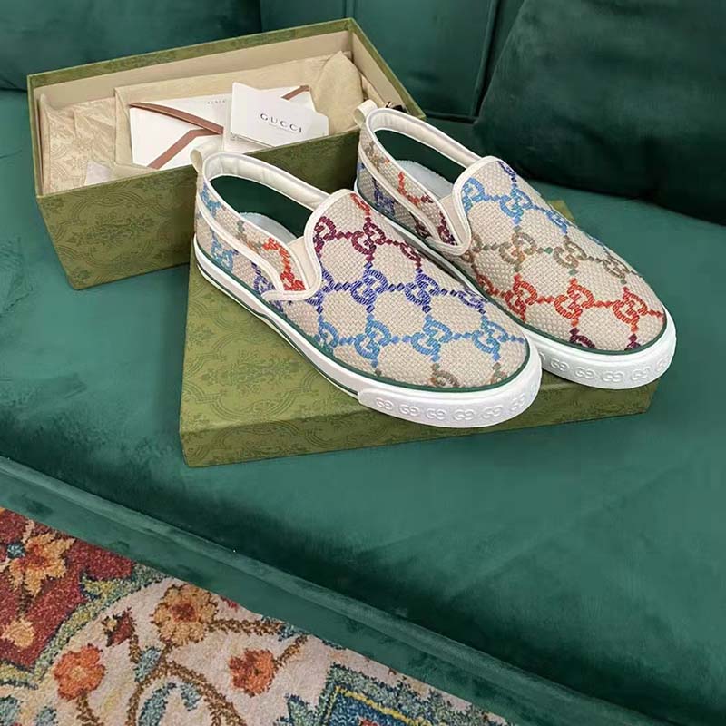 Gucci Unisex Espadrille Multicolor GG Linen Canvas Cord Platform Rubber Bottom