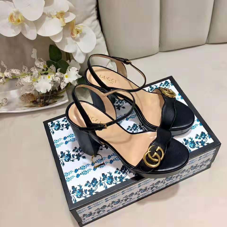 Gucci Women Leather Mid-Heel Sandal-Black