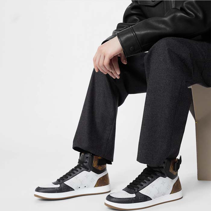 Louis Vuitton LV Unisex Rivoli Sneaker Boot Black Brown Calf Leather Monogram Canvas