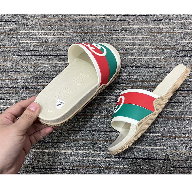 Gucci Women Interlocking G Slide Sandal Striped Rubber White Footbed Rubber Sole Flat