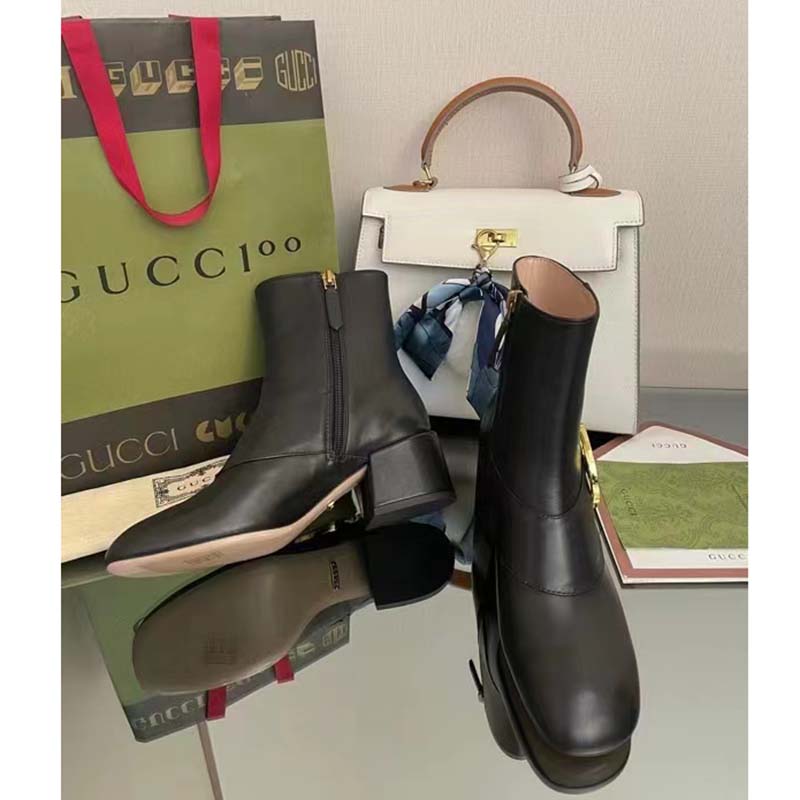 Gucci GG Blondie Women’s Ankle Boot Black Leather Mid 5 Cm Heel