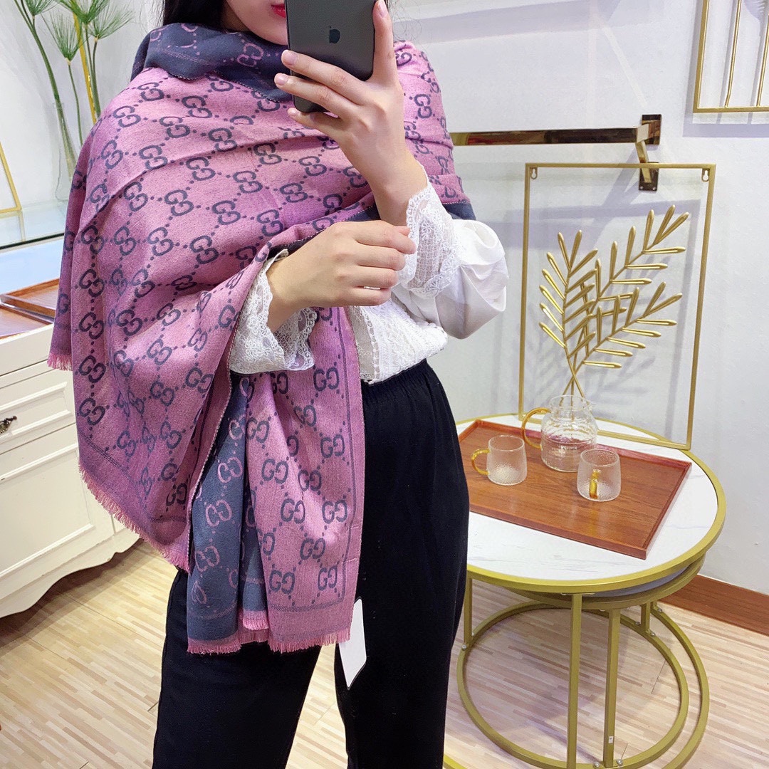 Gucci Women GG Wool Scarf Graphite Pink GG Fringe Edges