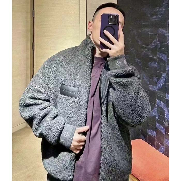 Louis Vuitton Men LV Fleece Blouson Regular Fit Front Zipped Closure Volcanic Ash