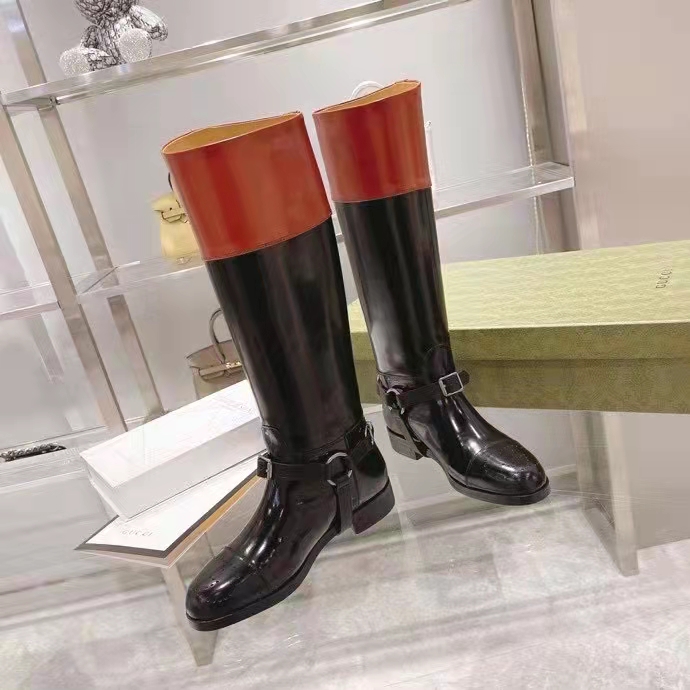 Gucci GG Women Knee-High Boot Harness Black Brown Leather Interlocking G