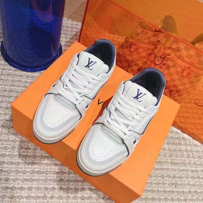 Louis Vuitton Unisex LV Trainer Sneaker Blue Calf Leather Rubber Outsole Initials
