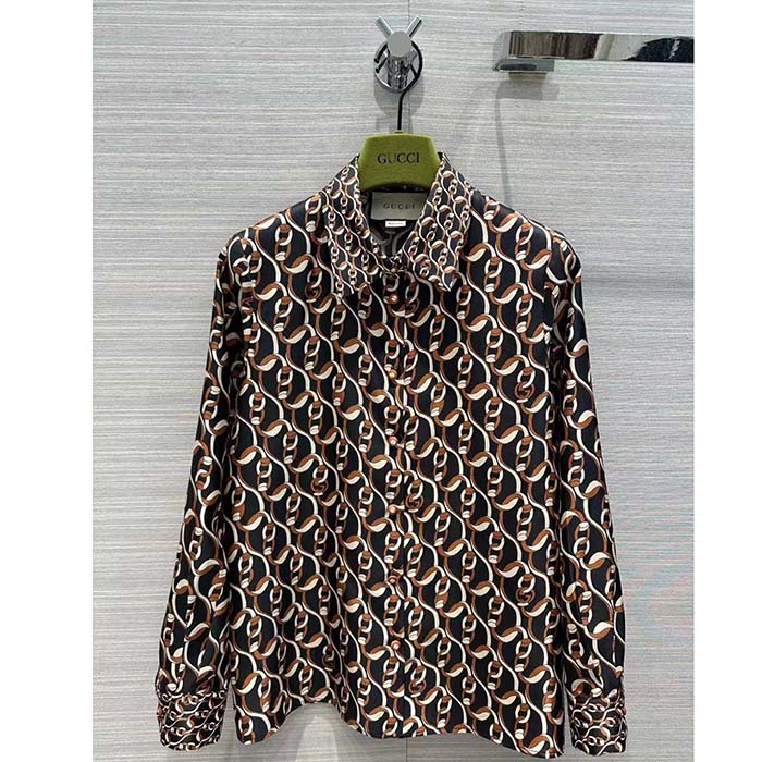 Gucci GG Women Interlocking G Chain Print Silk Shirt Point Collar Long Sleeves