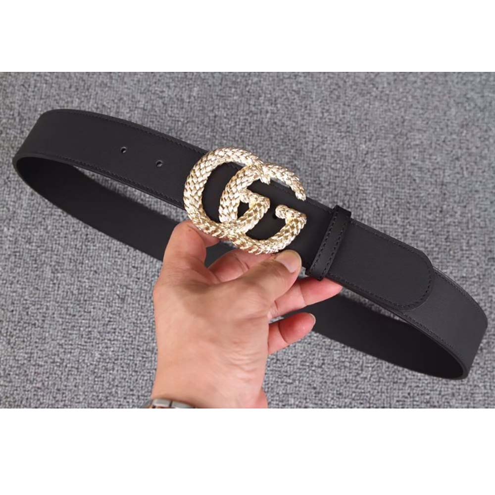 Gucci Unisex Gucci Belt with Textured Double G Buckle in Black Leather