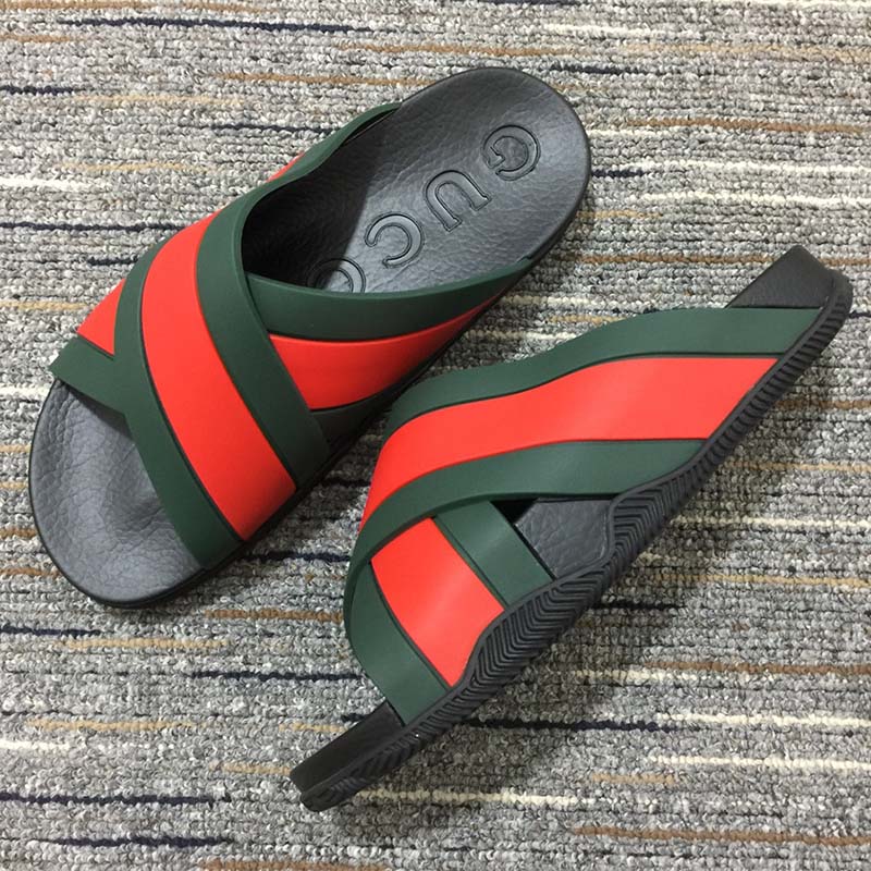 Gucci Unisex Web Slide Sandal Green Red Rubber Web Rubber Sole Low Heel