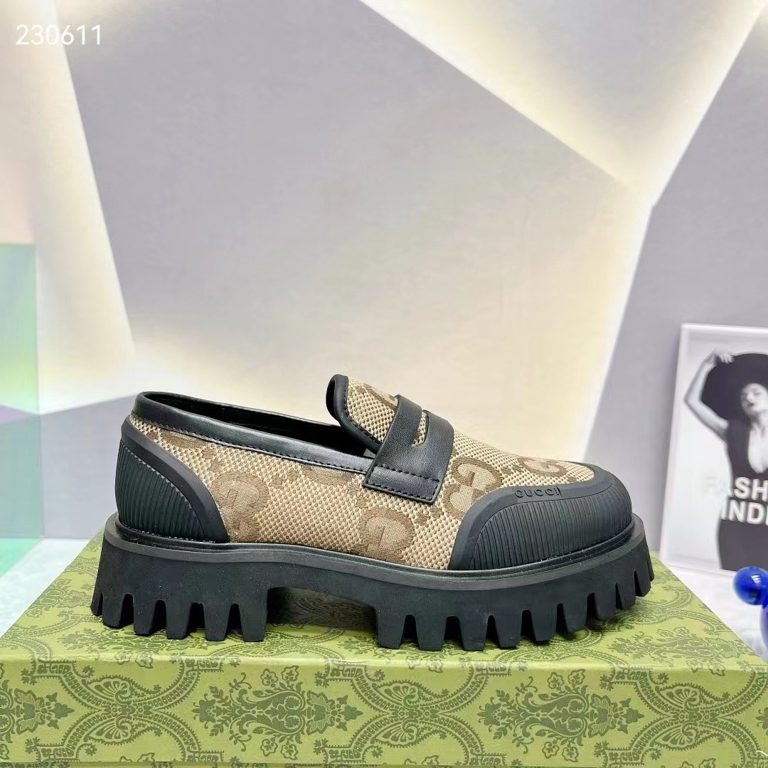 Gucci GG Unisex Maxi GG Loafer Camel Ebony Canvas Rubber EVA Sole Low-Heel