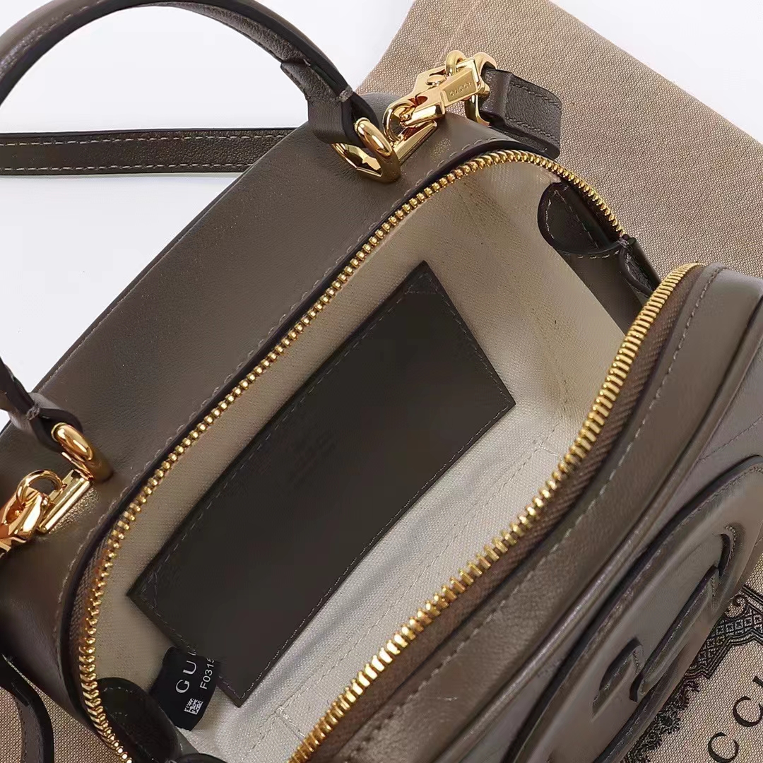 Gucci Women GG Blondie Top Handle Bag Brown Leather Round Interlocking G