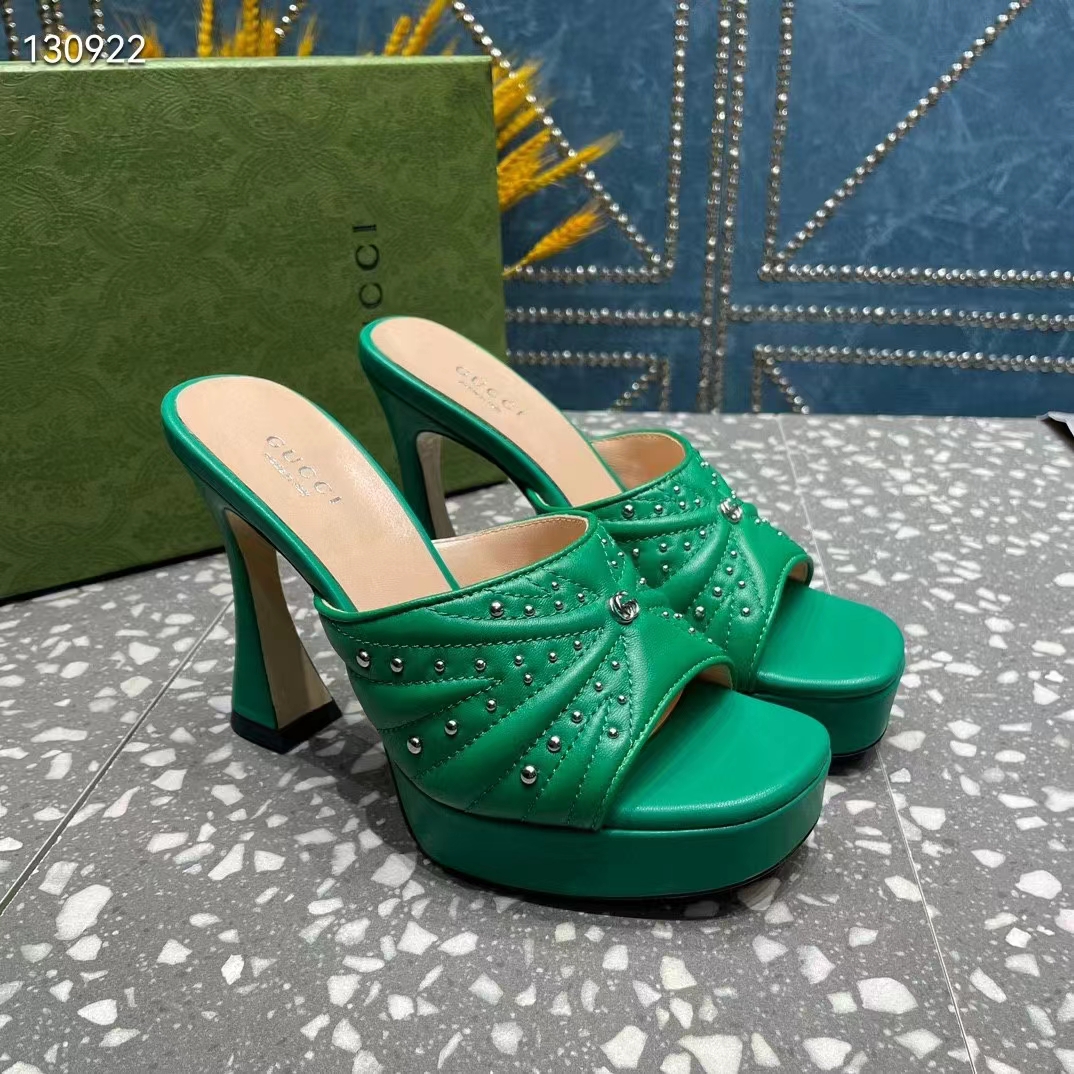 Gucci Women Heeled Slide Sandals Green Leather Studs Spool High 15 Cm Heel