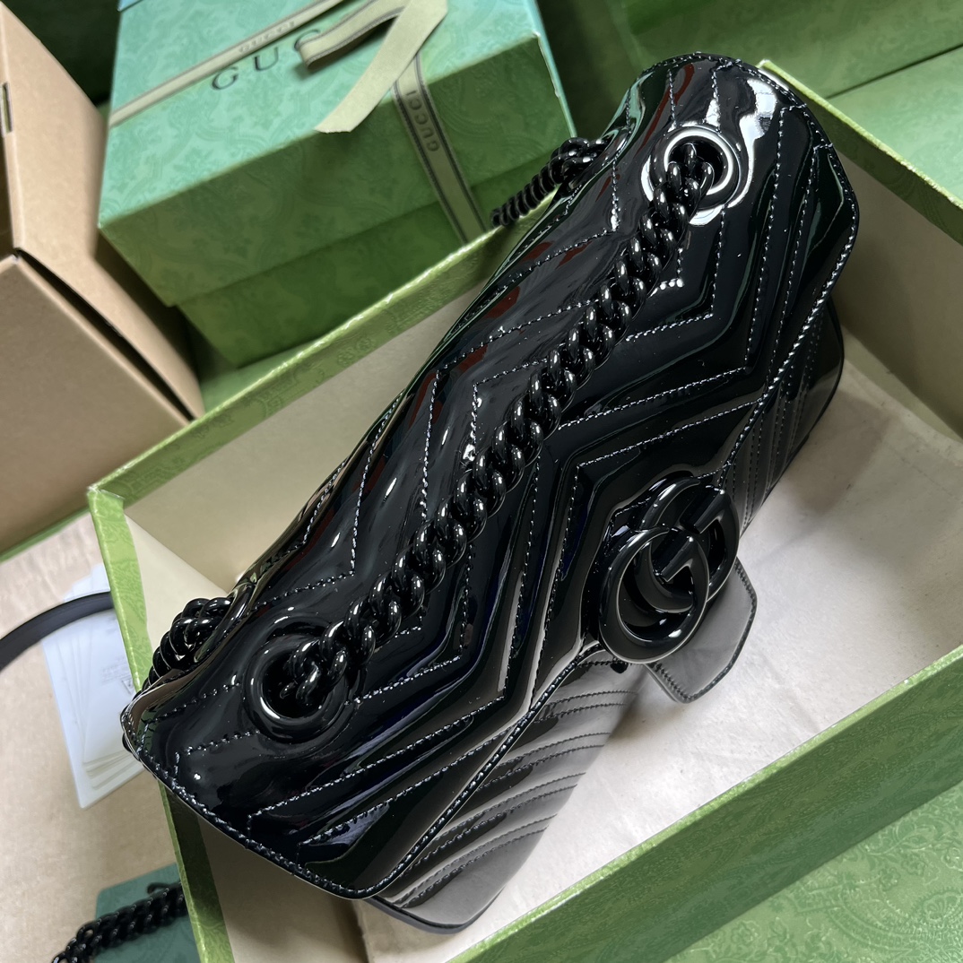 Gucci Women GG Marmont Patent Small Shoulder Bag Black Matelassé Chevron Leather