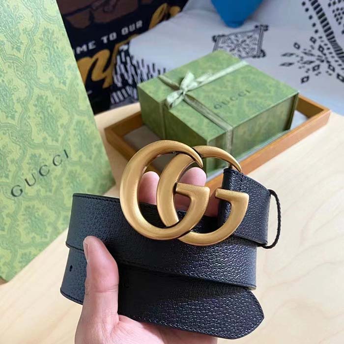 Gucci Unisex GG Wide Leather Belt Double G Buckle 3.8 CM Width Black Metal-Free Tanned