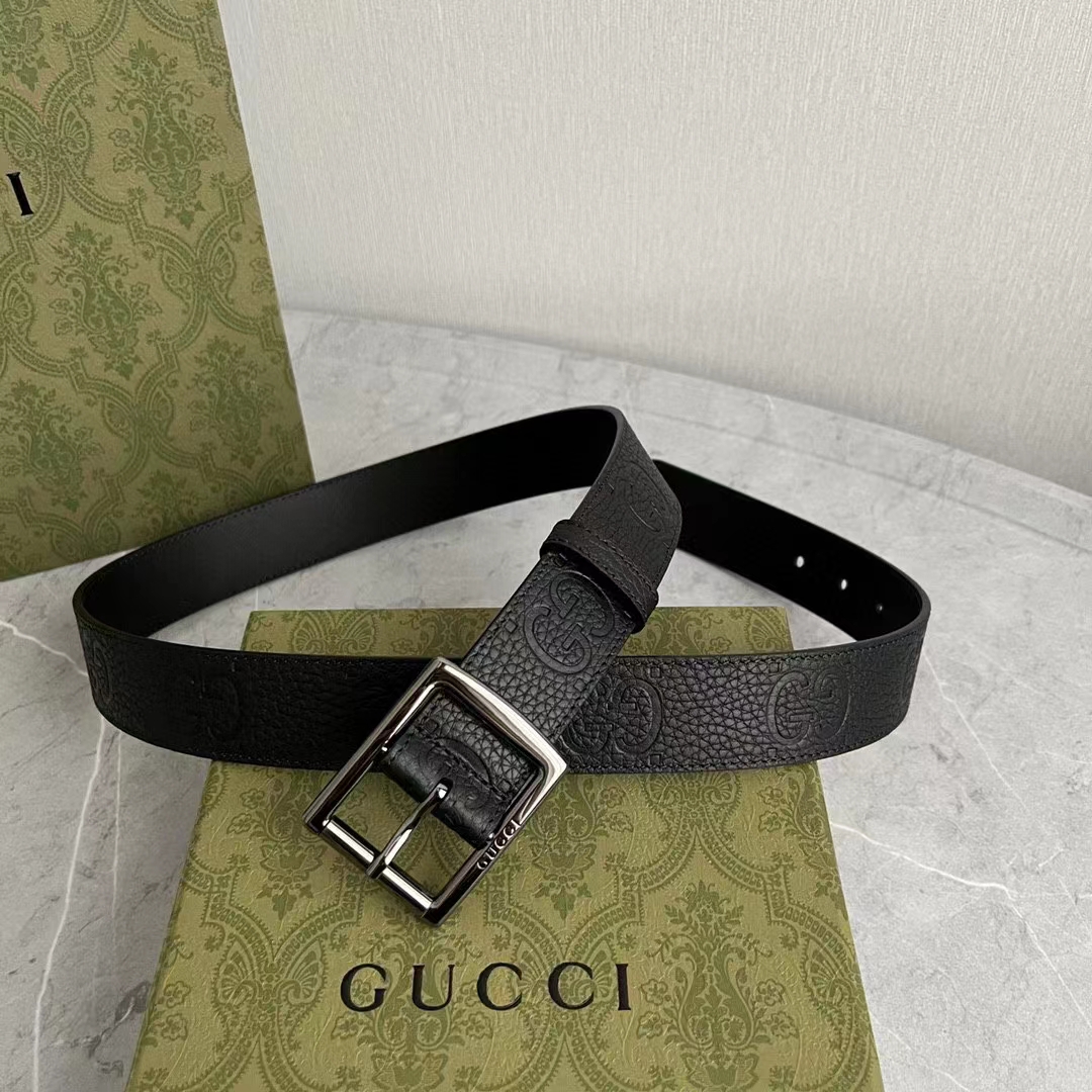 Gucci GG Unisex Rubber-Effect Leather Belt Black Square Buckle 3.3 CM Width