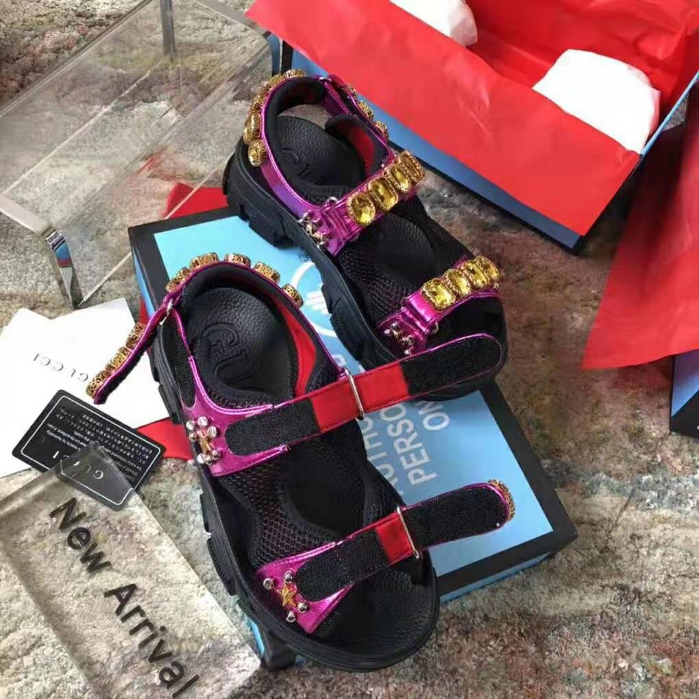 Gucci Women Metallic Leather Sandal with Crystals-Rose