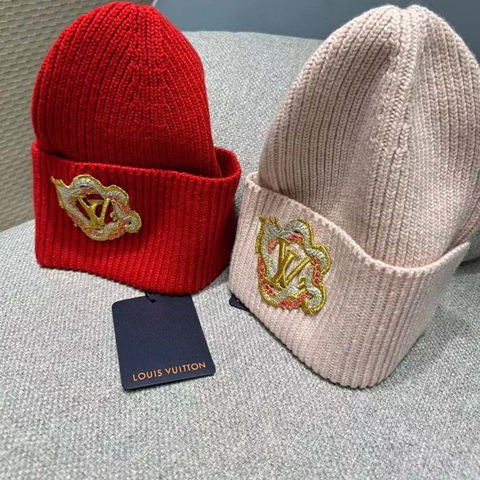 Louis Vuitton Unisex Precious Dragon Beanie Pink Wool Coiled Dragon Patch LV Signature