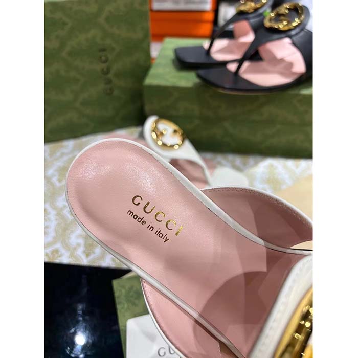 Gucci Women GG Blondie Thong Sandal White Leather Round Interlocking G 1.5 CM Heel
