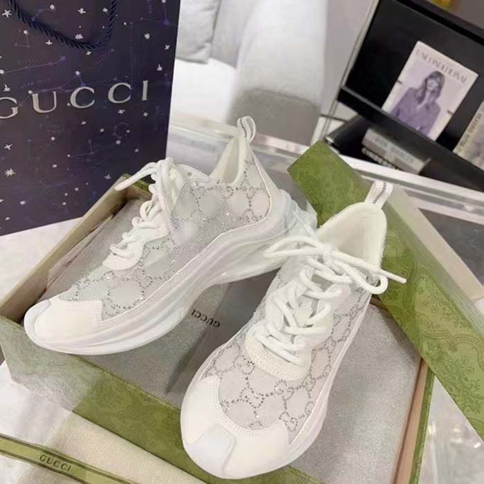 Gucci Unisex GG Gucci Run GG Crystal Mesh Sneaker White Suede Mid 6 CM Heel