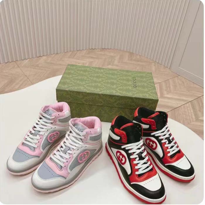 Gucci Unisex Mac80 High Top Sneaker Off Black Red Leather Round Toe Rubber Sole Flat