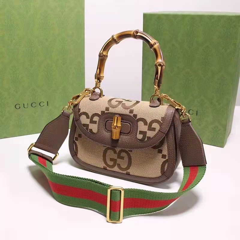 Gucci Women Bamboo 1947 Jumbo GG Mini Bag Brown Camel Ebony Canvas