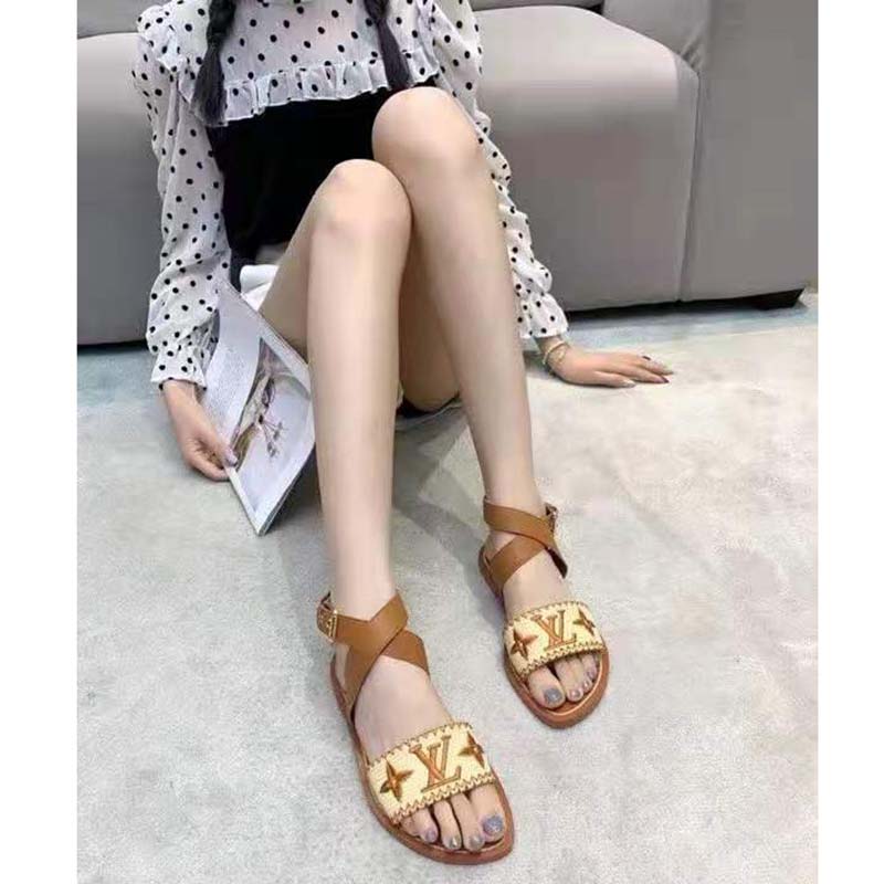 Louis Vuitton LV Women Sienna Flat Sandal Cognac Brown Raffia Leather Outsole