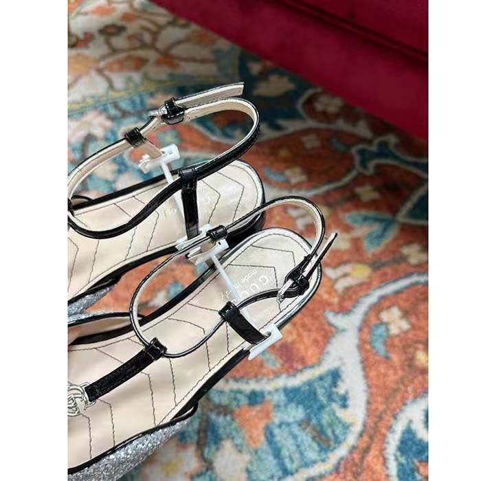 Gucci Women GG Double G Ballet Flat Black Glitter Leather Square Toe 1.5 CM Heel