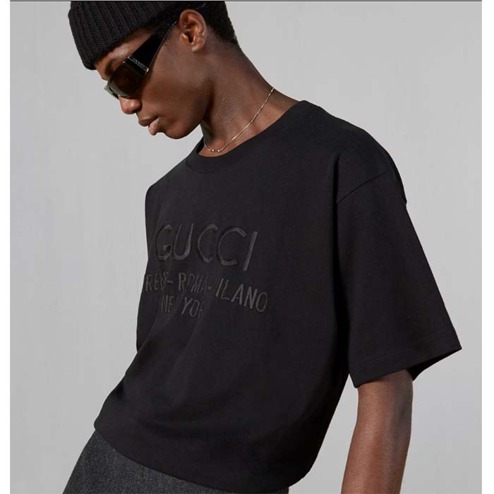 Gucci Men GG Cotton Jersey T-Shirt Black Heavy Cities Embroidery Crewneck Short Sleeves Oversize Fit