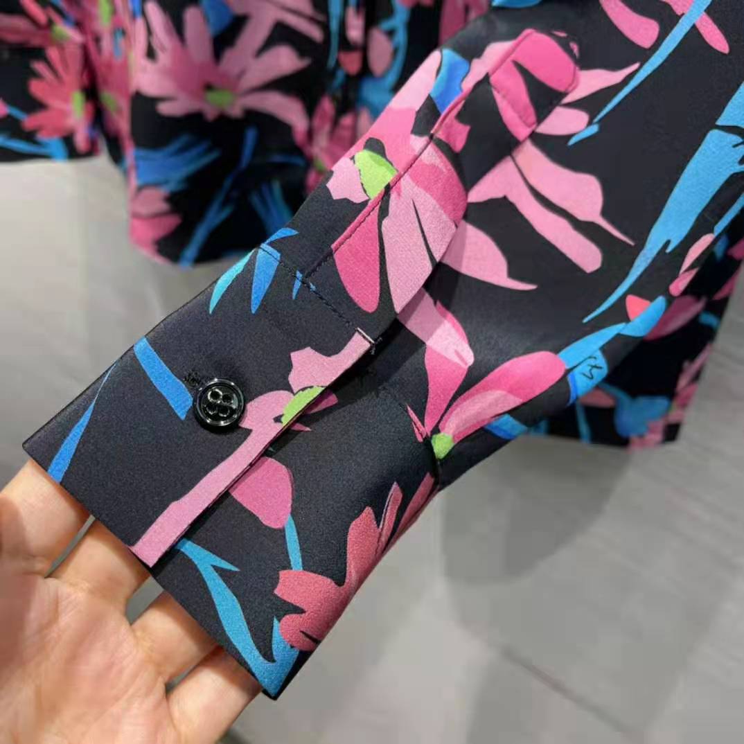 Gucci Women Ken Scott Print Silk Shirt Point Collar Front Pocket