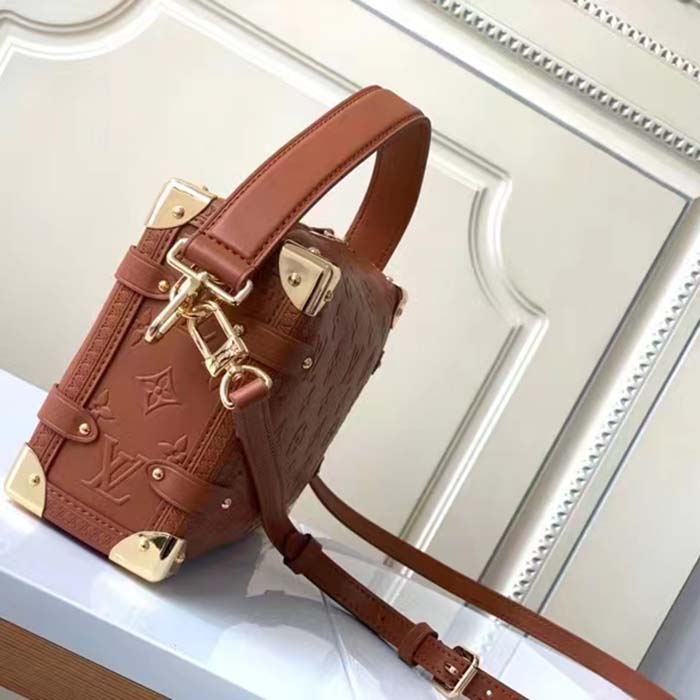 Louis Vuitton LV Women Side Trunk PM Handbag Petite Malle Tan Brown Calfskin