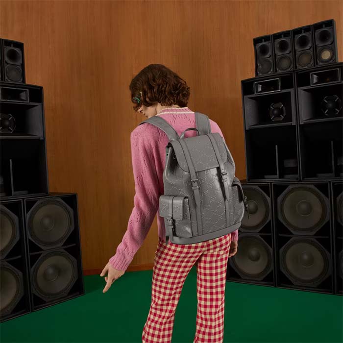 Gucci GG Unisex GG Embossed Backpack Grey GG Embossed Leather