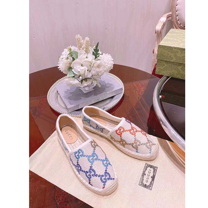 Gucci Unisex GG Espadrille Multicolor GG Linen Canvas Cord Platform Rubber Bottom