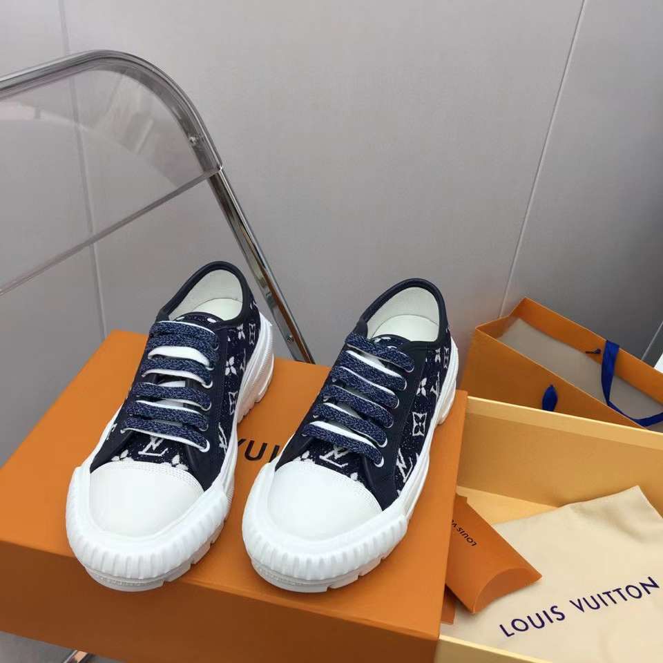 Louis Vuitton Unisex LV Squad Sneaker Navy Blue Monogram Denim Rubber Outsole Circle