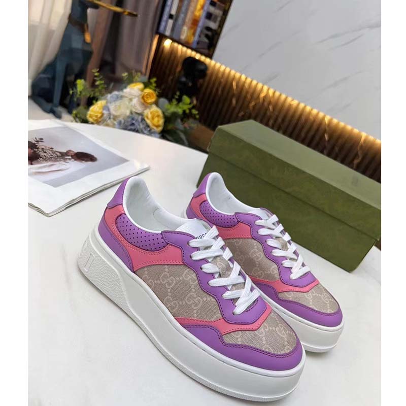 Gucci Unisex GG Sneaker Pink Purple Beige Supreme Canvas Grey Perforated Leather