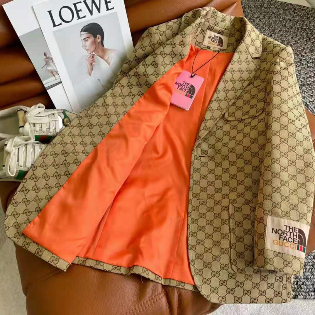 Gucci Women GG Canvas Jacket Camel/Ebony GG Cotton Canvas Full Canvas Construction