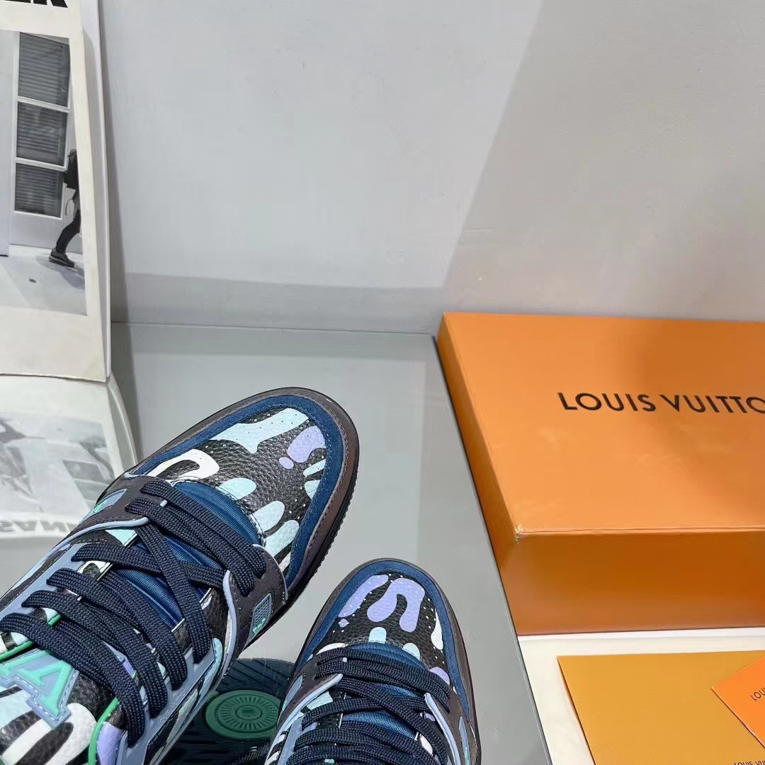 Louis Vuitton Unisex LV x YK LV Trainer Sneaker Navy Blue Camouflage-Printed Canvas Grained Calf