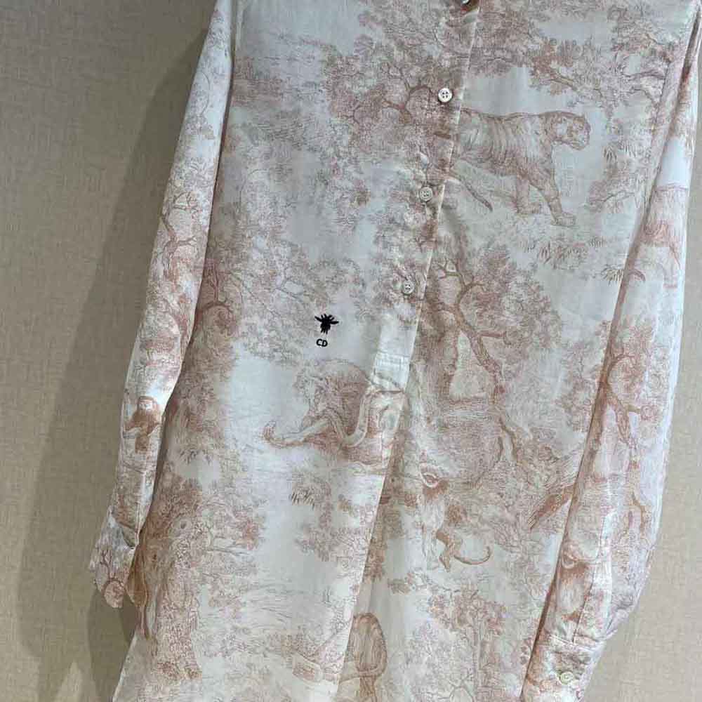 Dior Women Long Blouse Rose Des Vents Cotton Voile with Toile de Jouy Motif