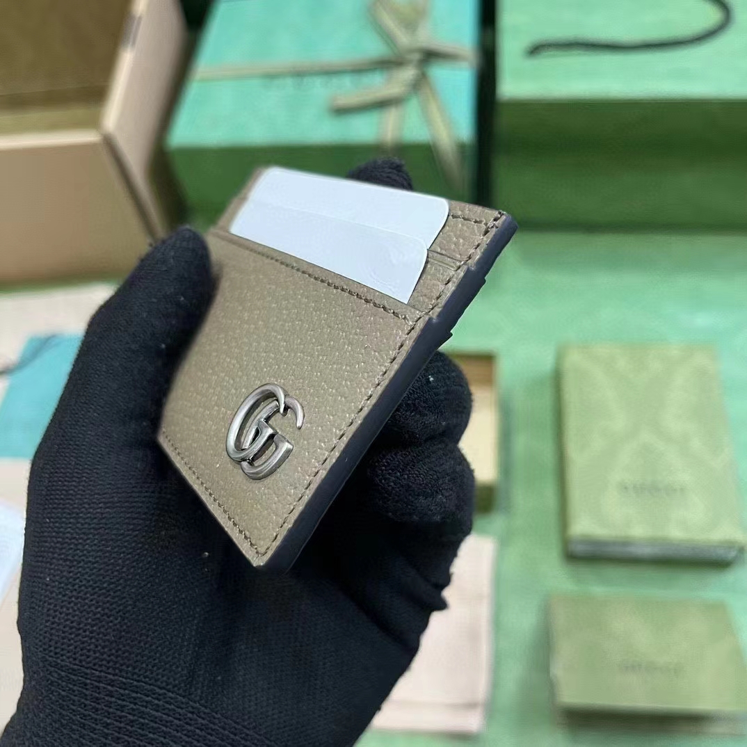 Gucci Unisex GG Marmont Card Case Wallet Taupe Leather Double G Marmont