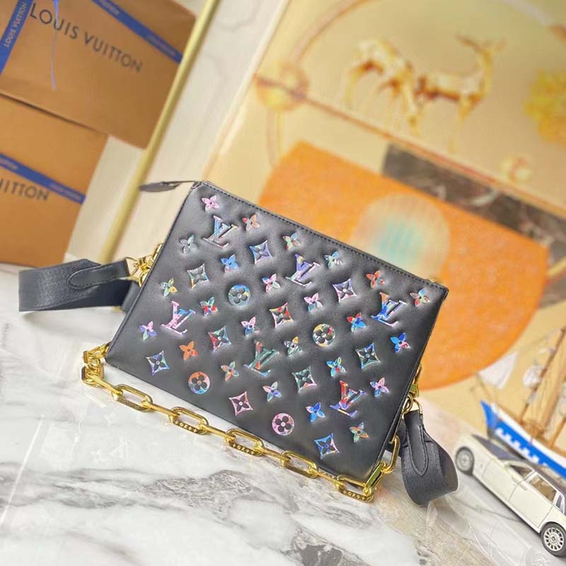 Louis Vuitton LV Women Coussin MM Handbag Navy Blue Lambskin Leather