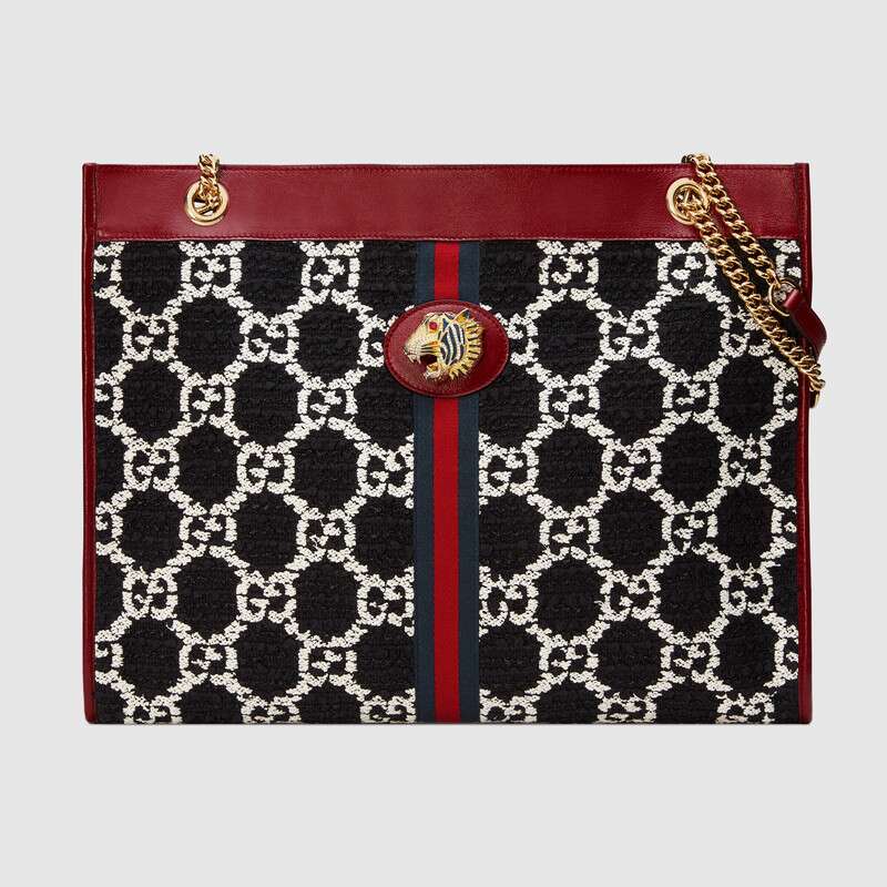 Gucci GG Women Rajah GG Tweed Large Tote in Cerise Leather Trim