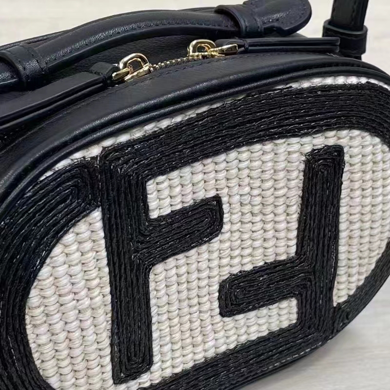 Fendi Women FF O’Lock Mini Camera Case Beige Black Straw Mini Bag