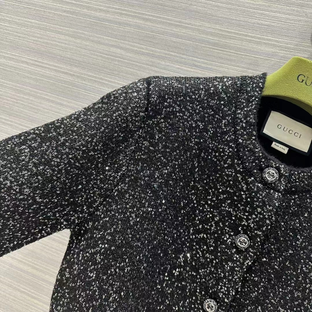 Gucci Women GG Viscose Knit Cardigan Blend Sequin Embroidery Silver Crewneck Long Sleeves