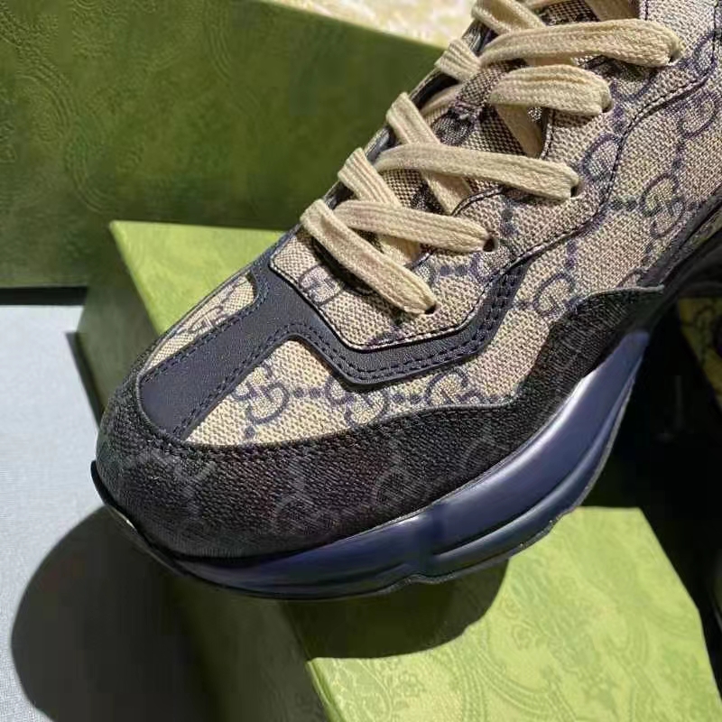 Gucci Unisex GG Rhyton Sneaker Beige Blue GG Supreme Canvas 5 Cm Heel