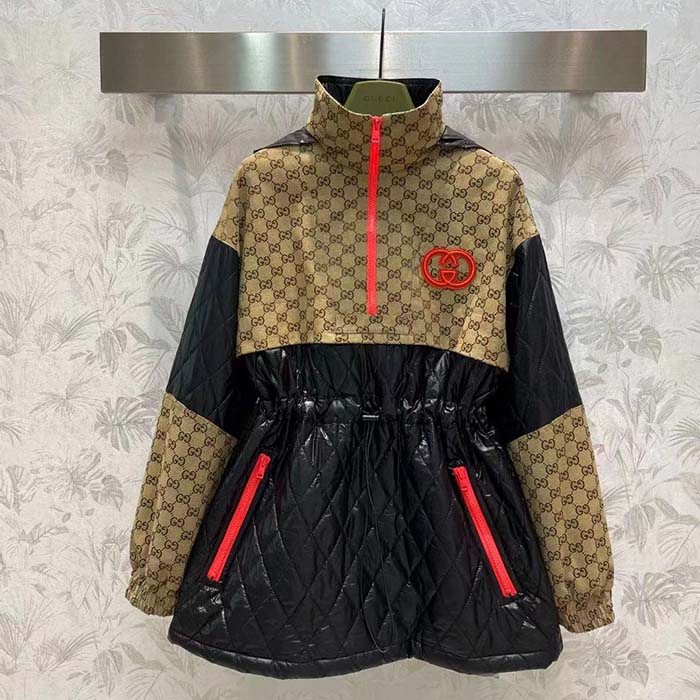 Gucci Women GG Canvas Nylon Zip Jacket Interlocking G Patch High Collar Drawstring Waistband