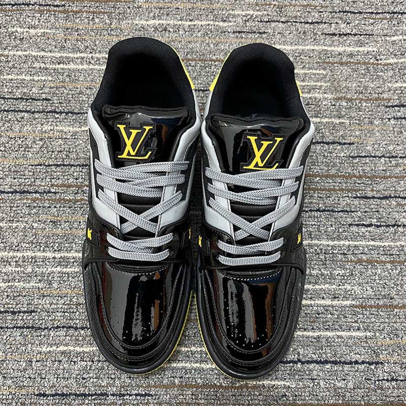 Louis Vuitton Unisex LV Trainer Sneaker Black Patent Canvas Rubber Outsole Monogram Flowers