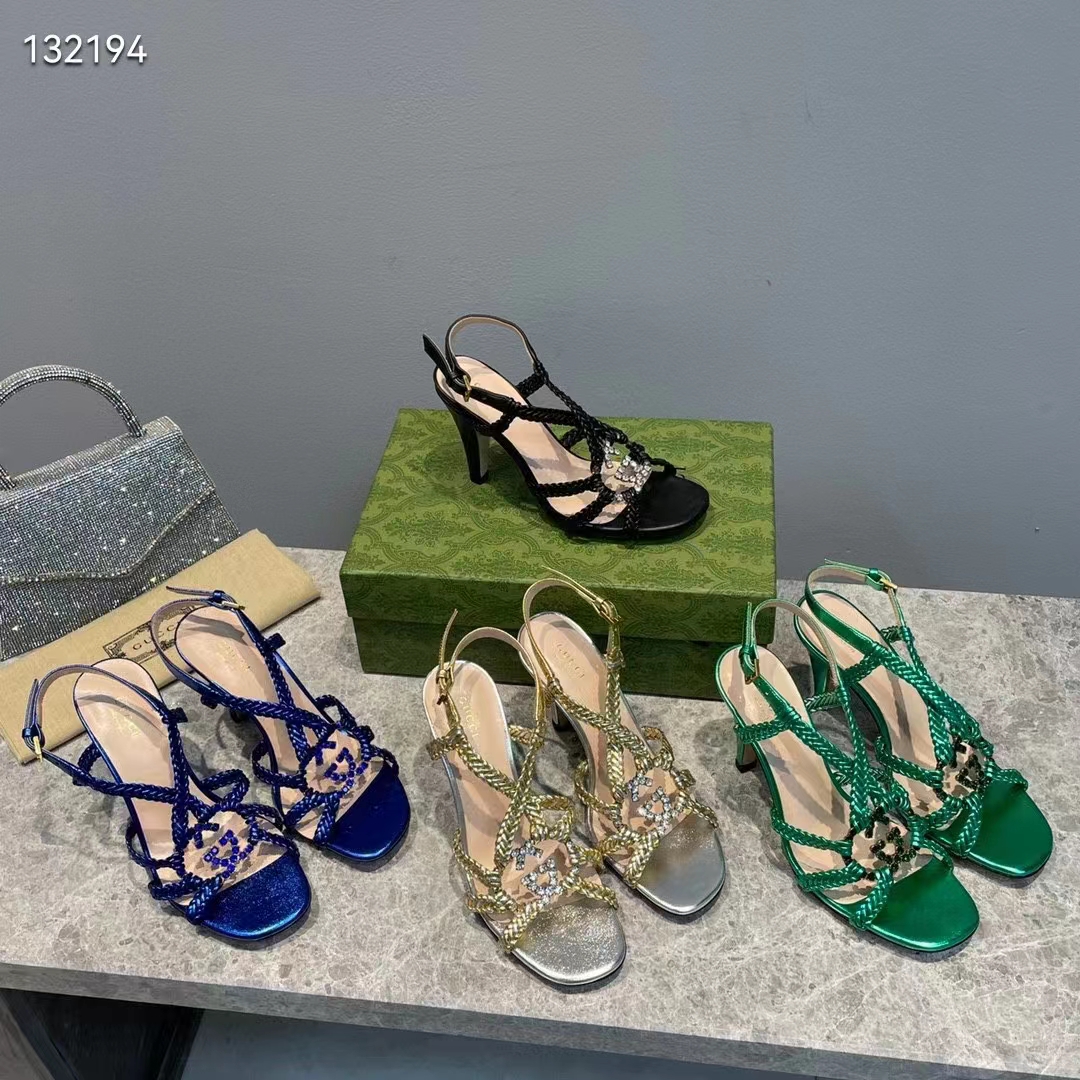 Gucci Women GG Cystal Interlocking G Sandal Green Metallic Braided High 9 CM Heel