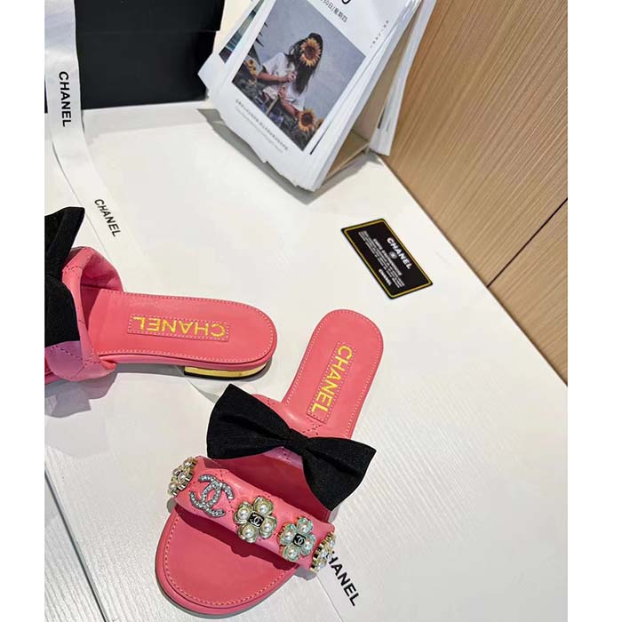 Chanel Women Mules Lambskin Pink Black 1.5 Cm Heel