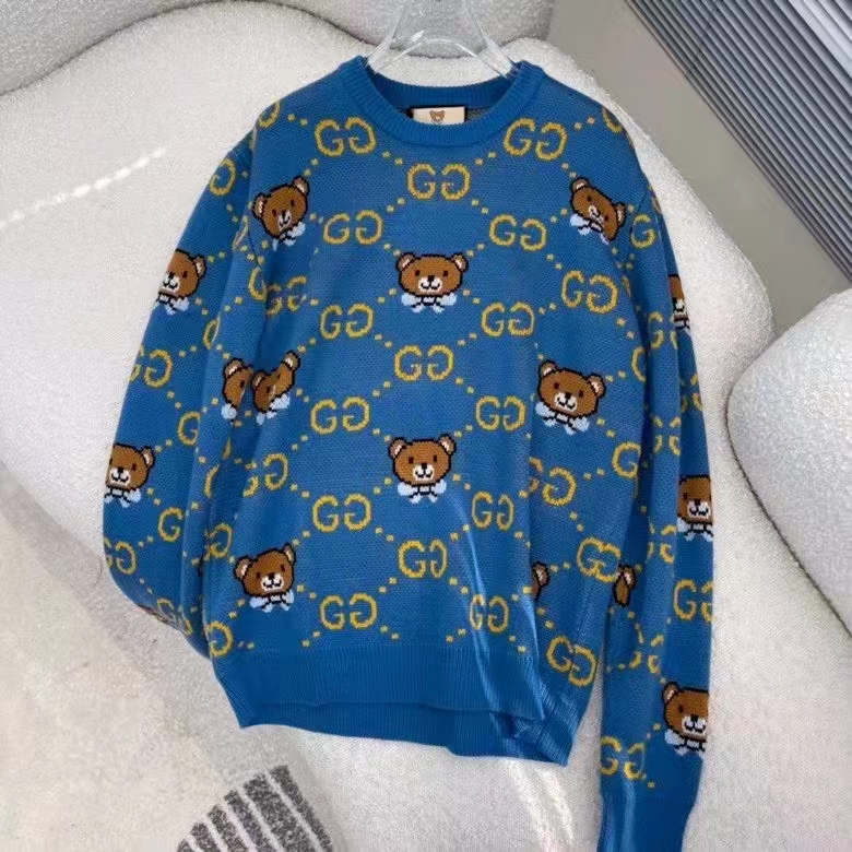 Gucci Women KAI x Gucci GG Jacquard Jumper Dark Blue Teddy Bear Wool Cotton Blend Crewneck