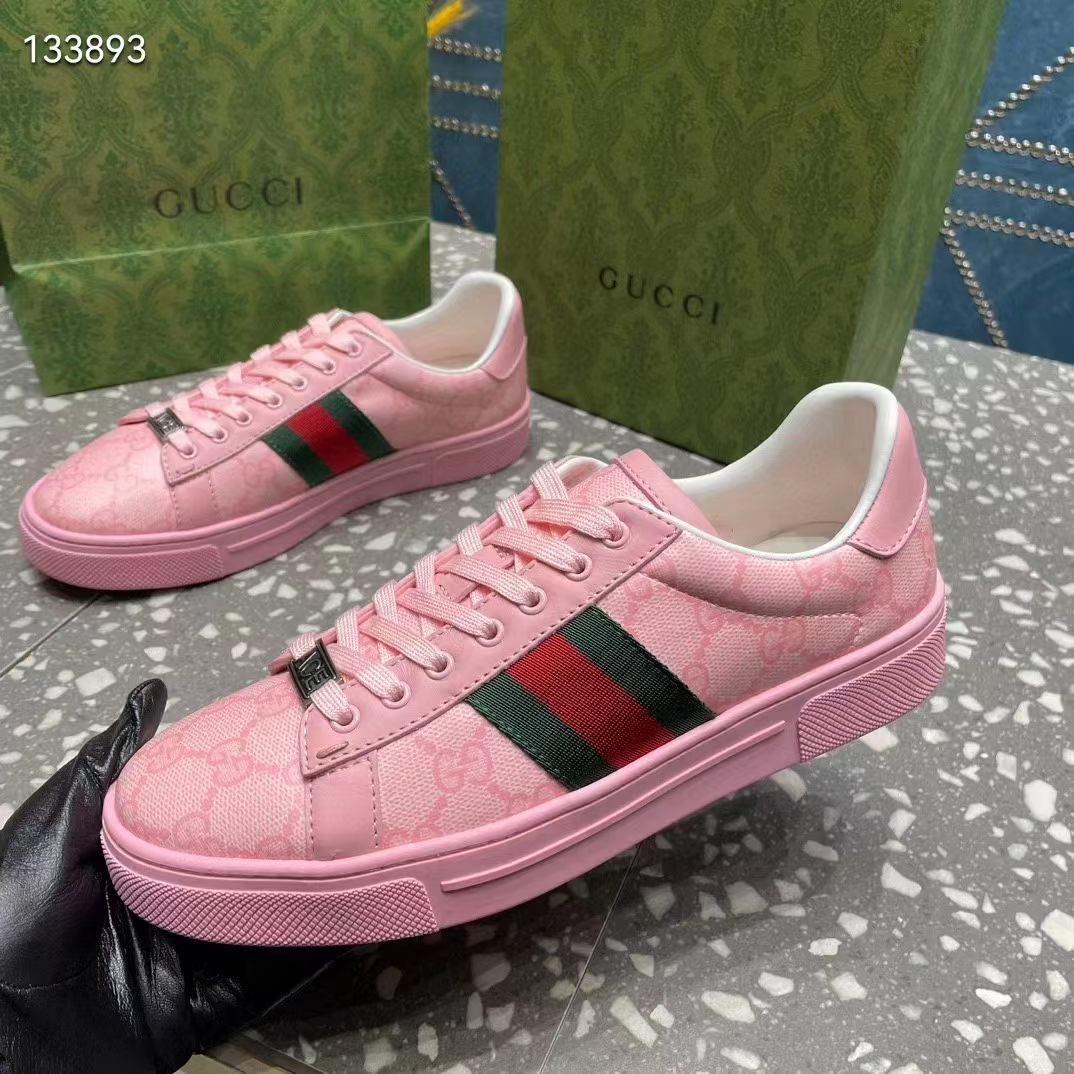 Gucci Women GG Ace Sneaker Web Pink GG Crystal Canvas Rubber Low-Heel